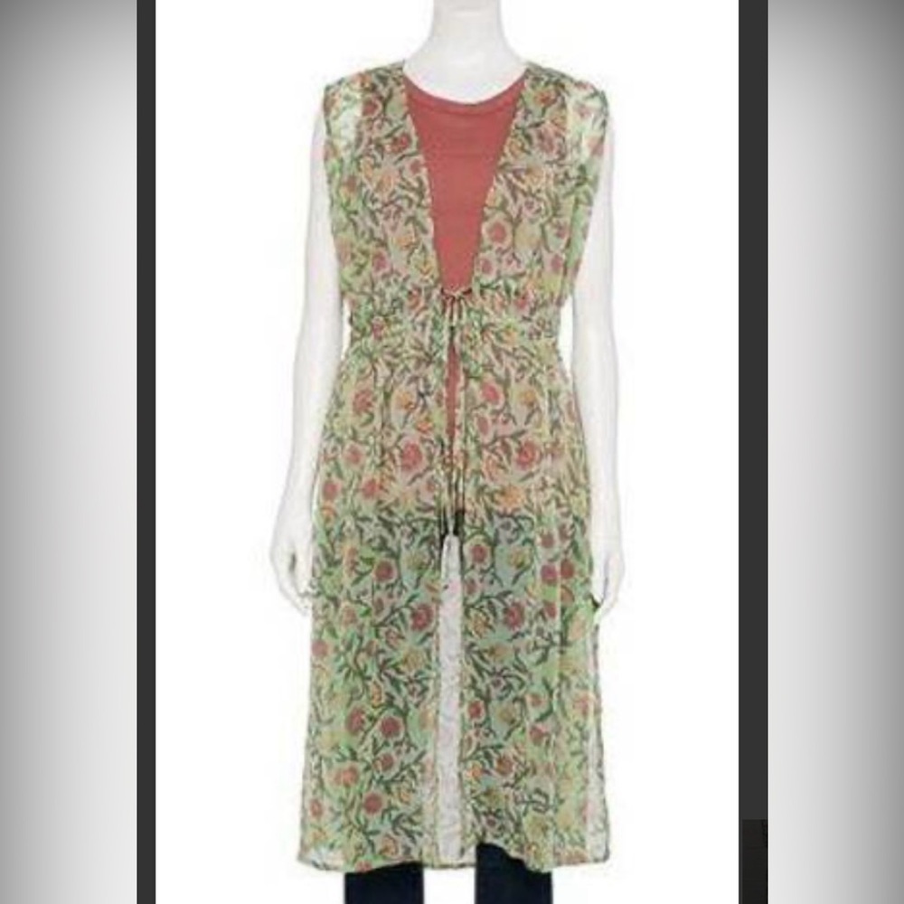 COVERUP Sheer midcalf link cover up by Lauren Conrad green floral airy waist tie